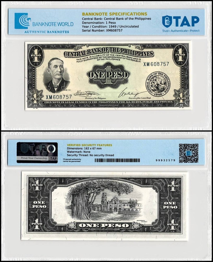 Philippines 1 Peso, 1949-1969 ND, P-133h, UNC, TAP Authenticated