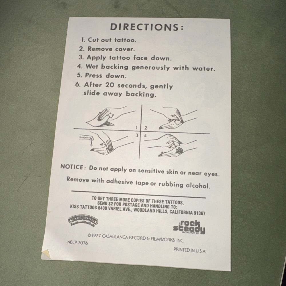 KISS Vintage Original Temporary Tattoo Sheet 1977 Album Insert Ace Frehley RARE