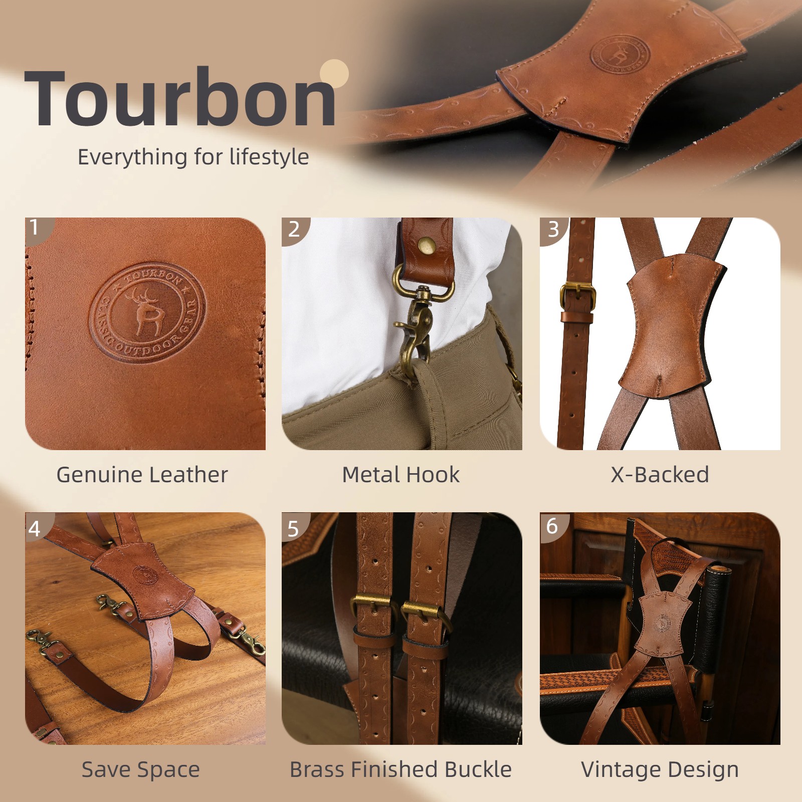 Tourbon Leather Men's Suspenders X Back Adjustable X-Shaped Hooks Pants Braces