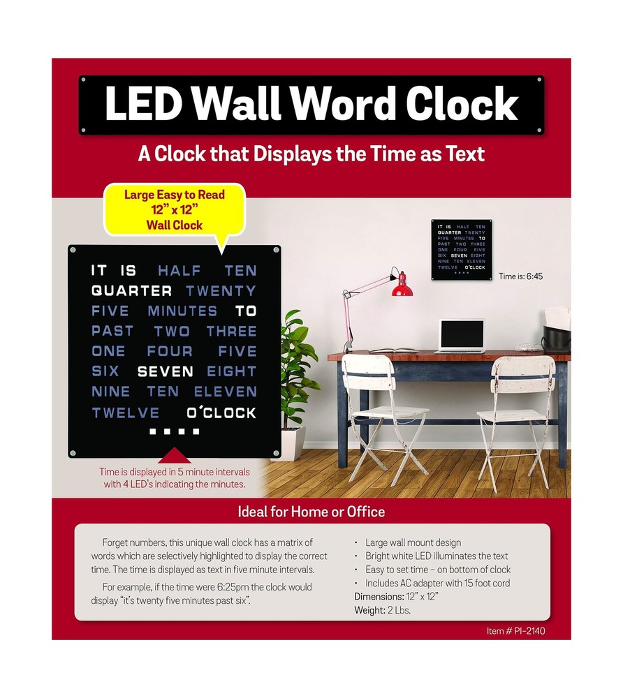 Tech Tools LED Word Clock - Displays Time as Text - Powered by AC Adapter (12...