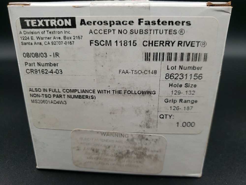 Cherry Rivet Textron Aerospace Fasteners 1000pc