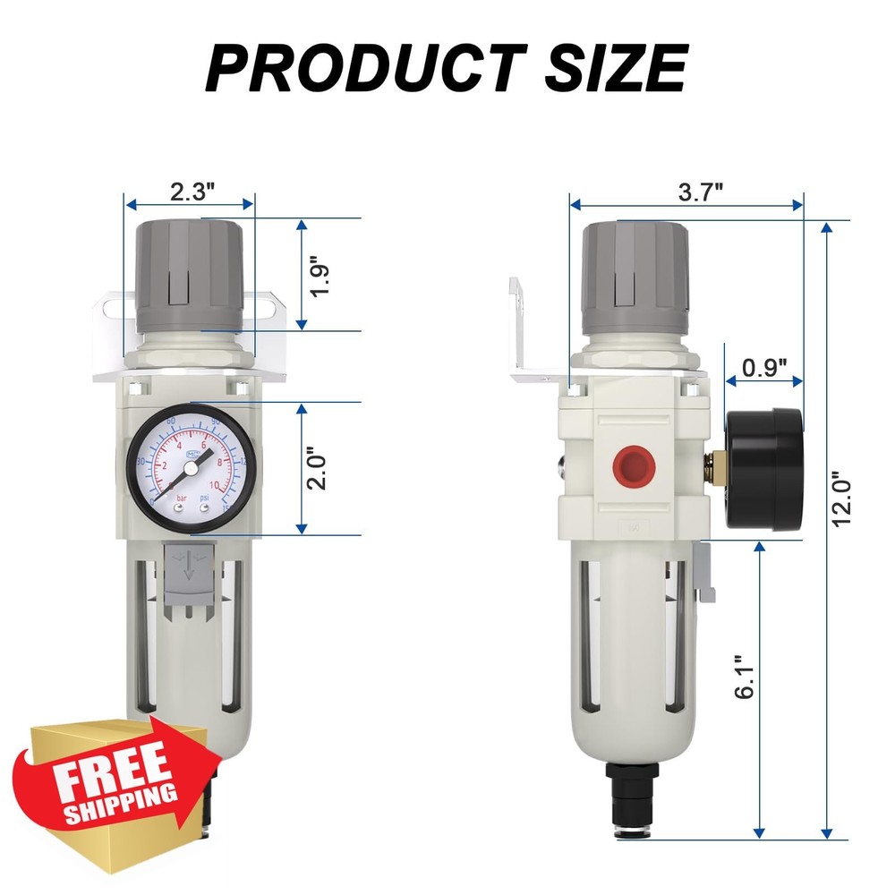 1/2"NPT Air Filter Regulator Combo, 5 Micron, Auto Drain
