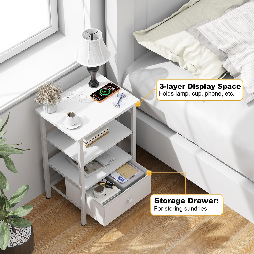Side Table with Charging Station, Nightstand with Adjustable Fabric Drawer, B...