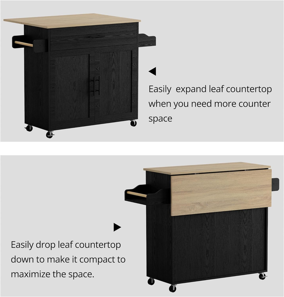 Rolling Kitchen Island Table on Wheels with Drop Leaf, Storage Cabinet, Drawer,