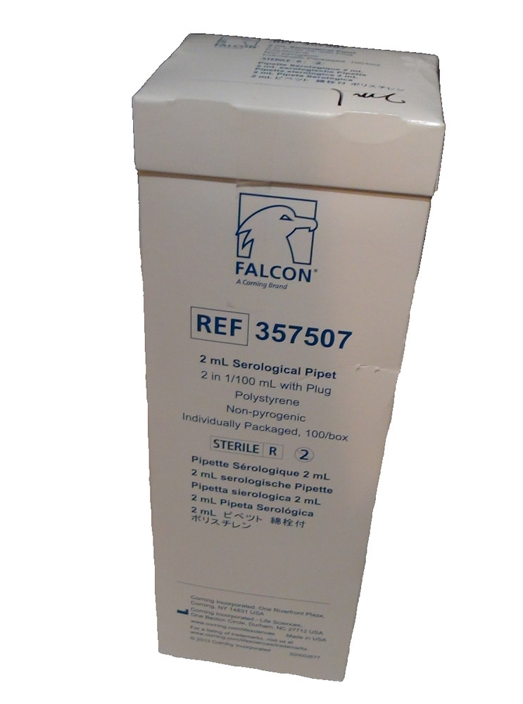 (100) Corning Falcon REF 357507 Serological Pipette 2mL 2in with Plug