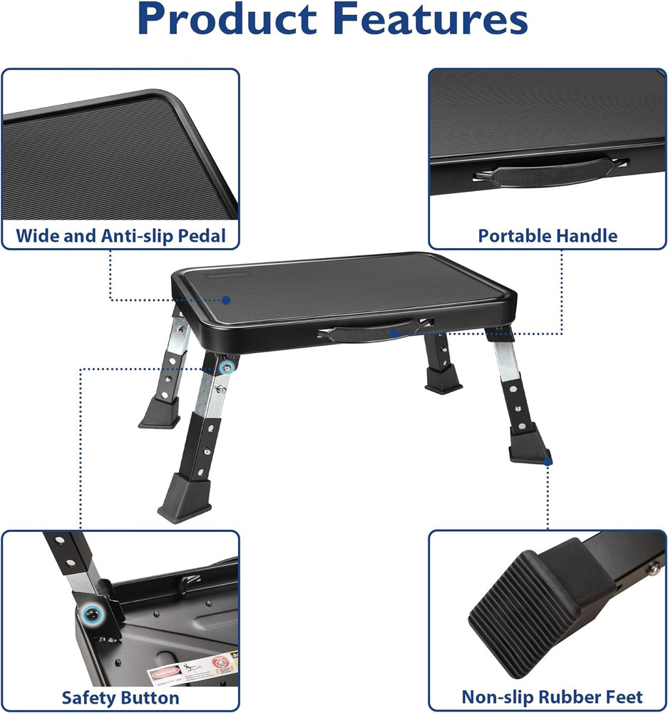 Folding Step Stool Adjustable Height 330Lbs Metal Platform for RV Home Kitchen