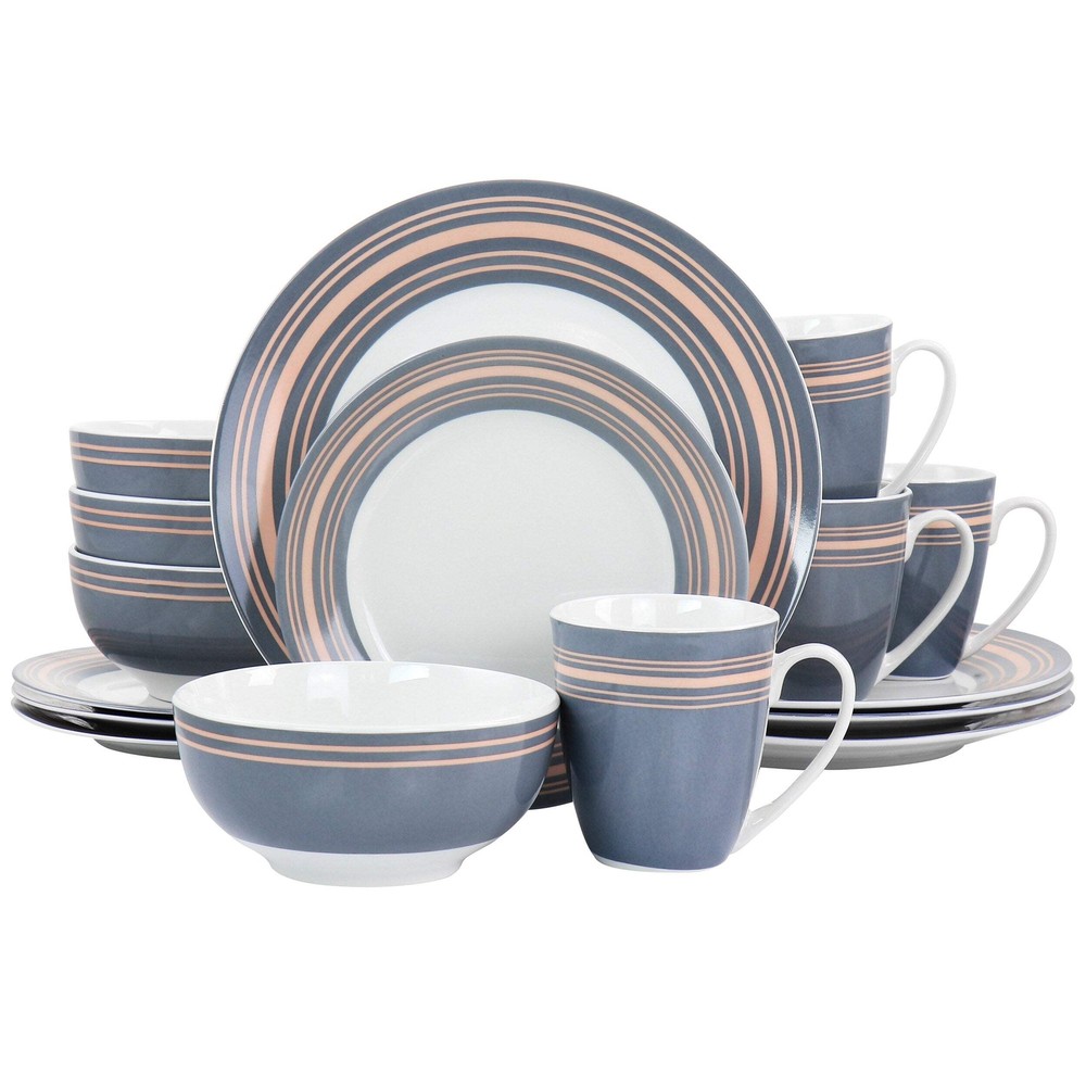 Gibson Home Silver Wind 16 Piece Fine Ceramic Dinnerware Set in Grey & Pink
