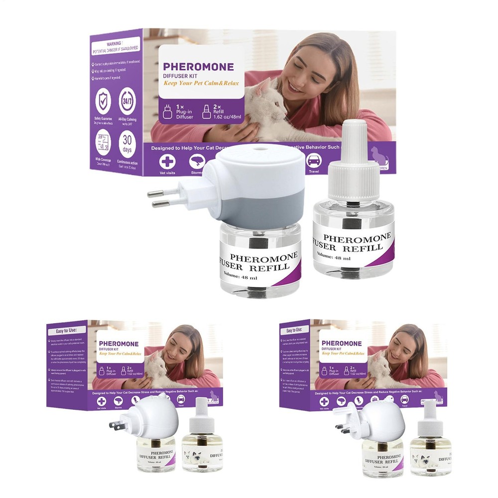 3pcs/set Cat Calming Pheromone Diffuser Kit Pets Plug-In 30 Days & 48ml Refill