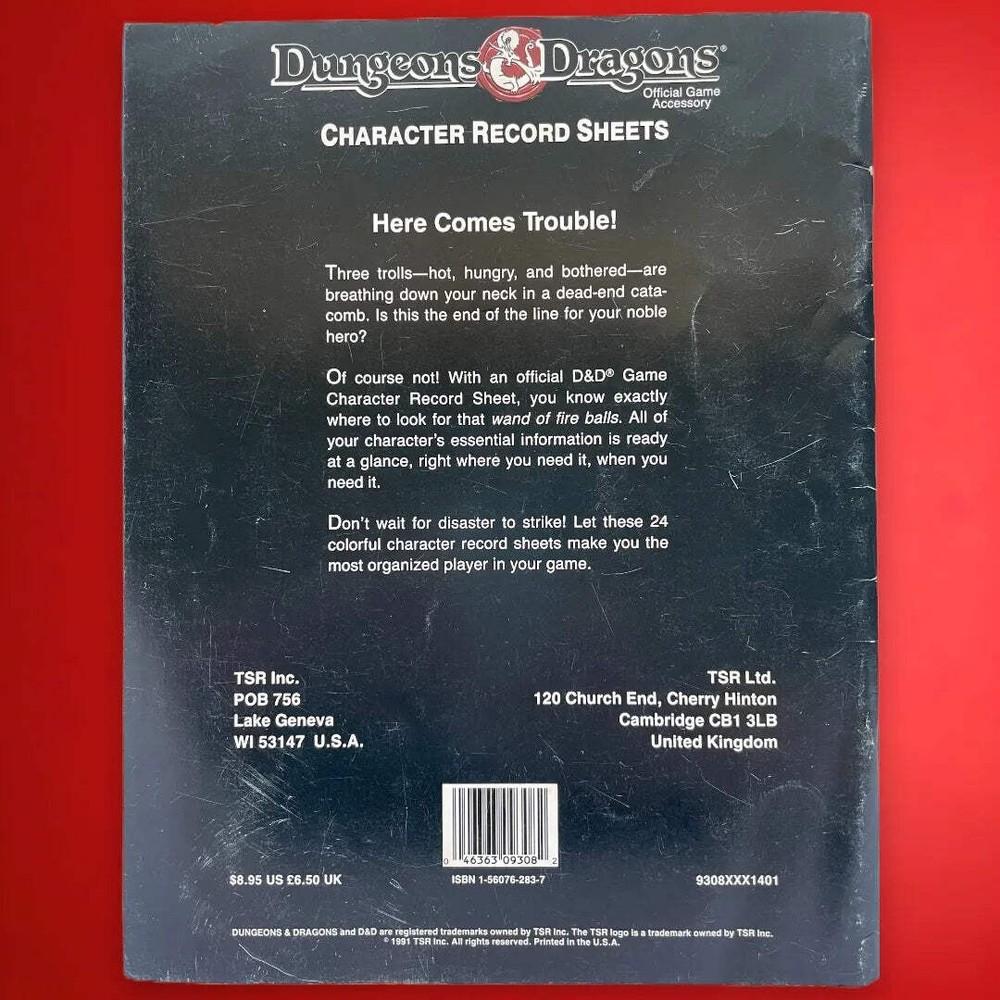 Character Record Sheets DDREF1 9308 Dungeons & Dragons