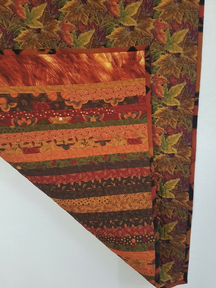 Striped Autumn Leaf Quilt, Couch, Lap, Table Topper, Patchwork Quilt