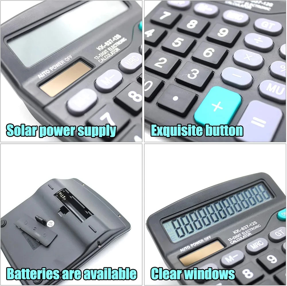 Desk Calculator, 12-Digit Solar Battery Office Calculator with Large LCD Display