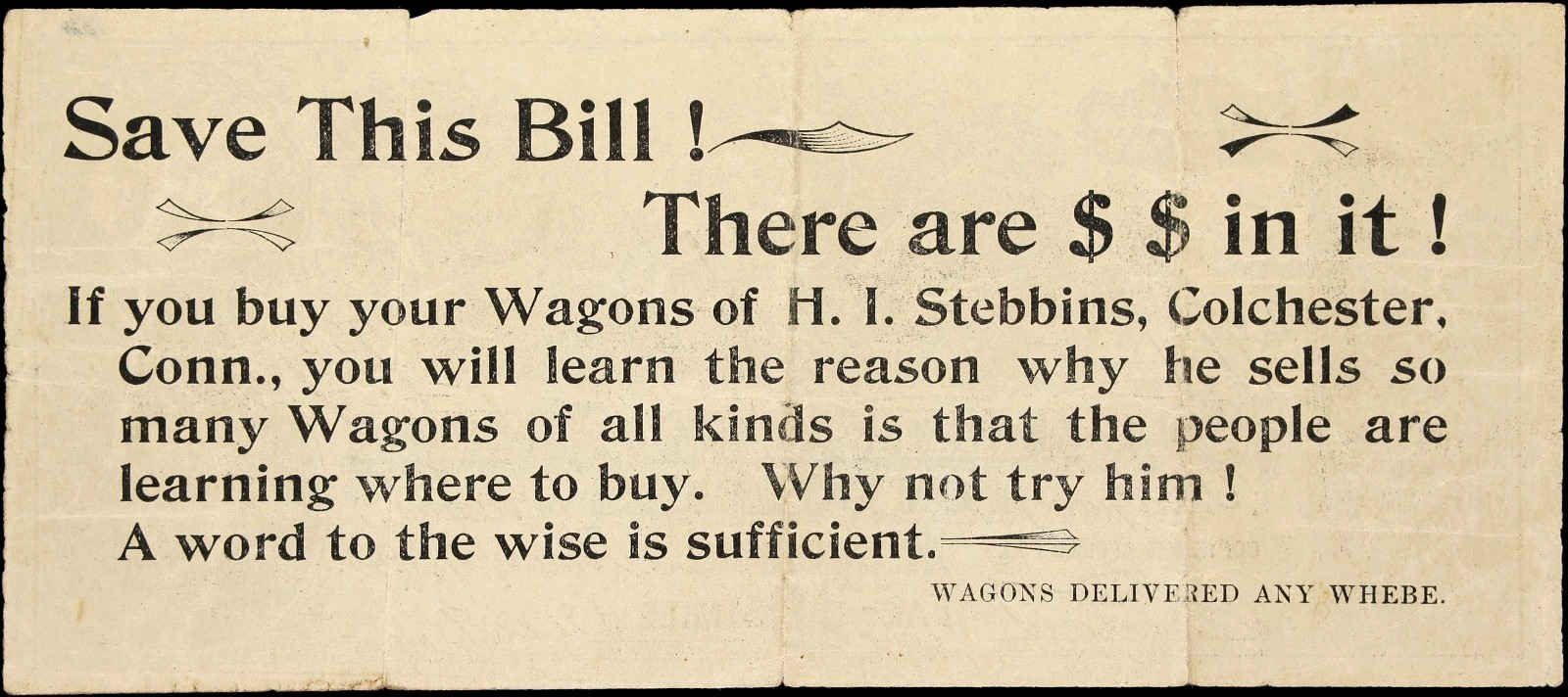CT $10 COLCHESTER Connecticut Confederate Advertising note Stebbins Wagons 1890s