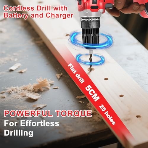 20v Cordless Drill Set, Power Electric Kit 21V - 1 Batteries -Red- Basic