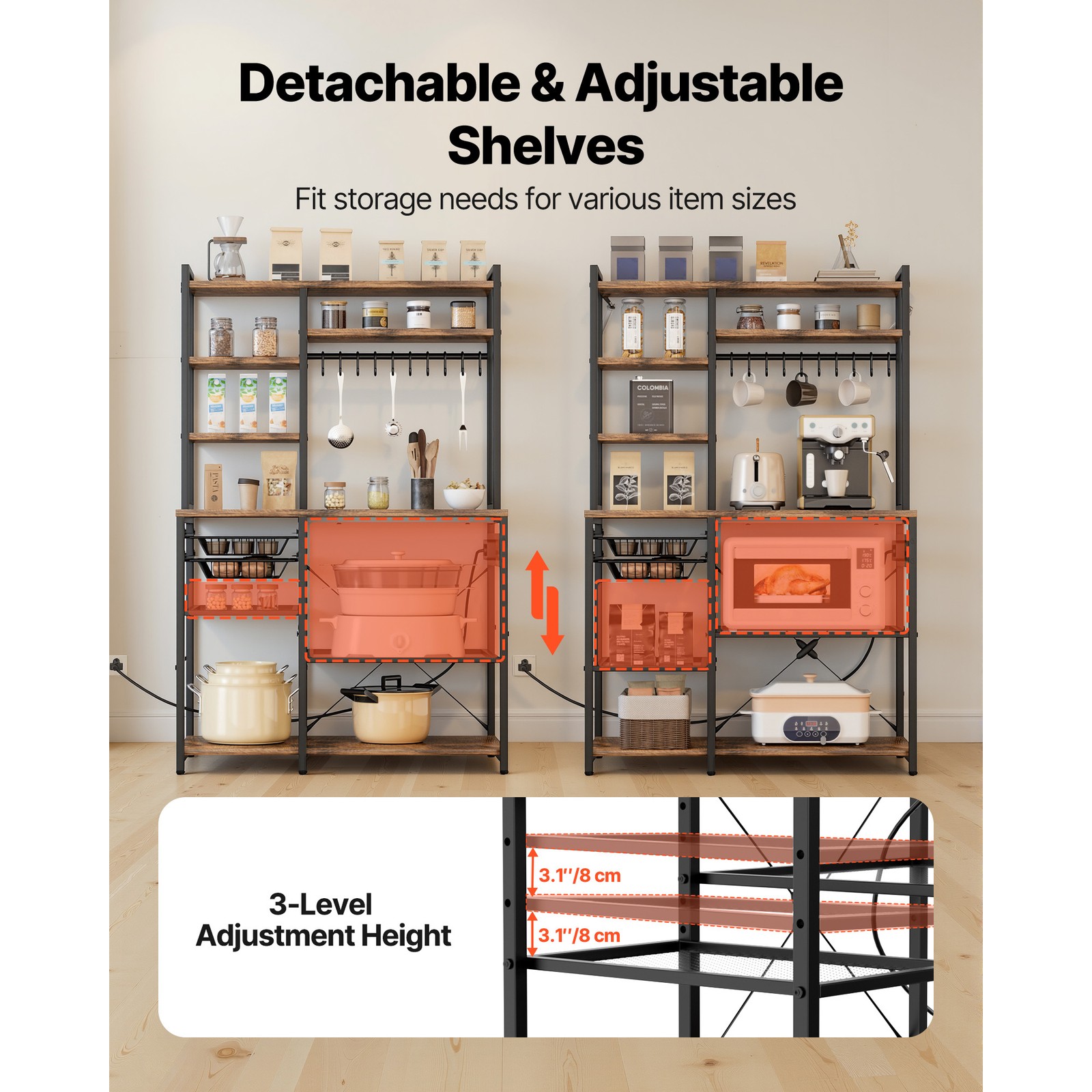 Uimoso Kitchen Bakers Rack with Power Outlet and 5 ft Power Cord