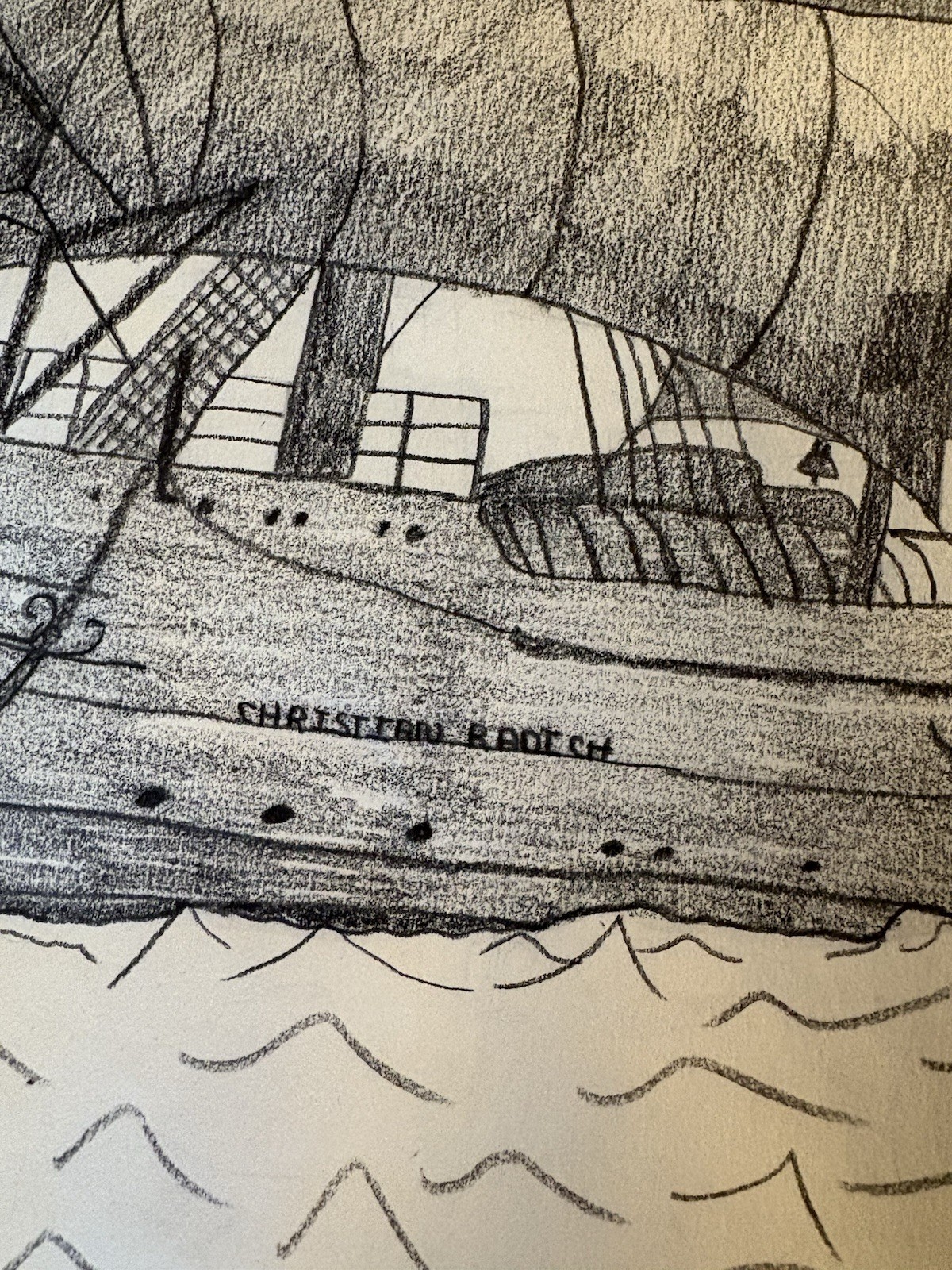 Pencil Drawing Norwegian Full Rigged Tall Sailing Ship Christian Radich Signed