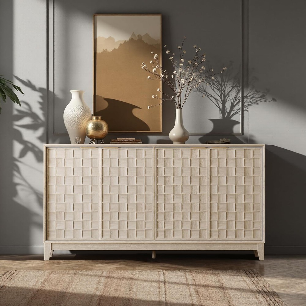 Fluted Sideboard Cabinet with Storage – Solid Wood Buffet for Dining Room Cre...