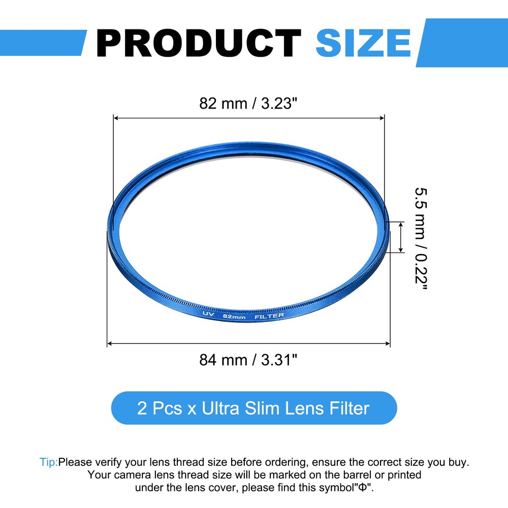 2Pcs 82mm Ultra Slim Lens Filter Multi Coating Camera Len Filter, Blue
