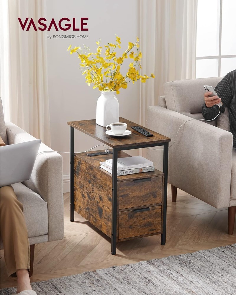 VASAGLE Side Table with Charging Station, Narrow End Rustic Brown + Black