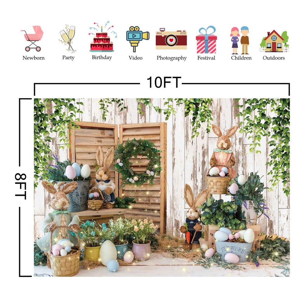 10x8ft Polyester Spring Easter Backdrop Rustic White Wooden Wall Colorful Egg...