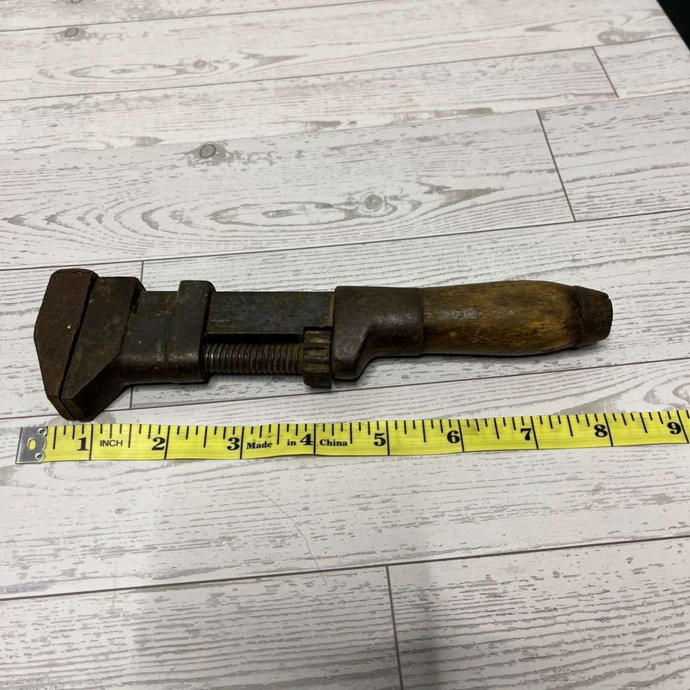 Vintage Adjustable Monkey Wrench Wooden Handle Rustic Tool