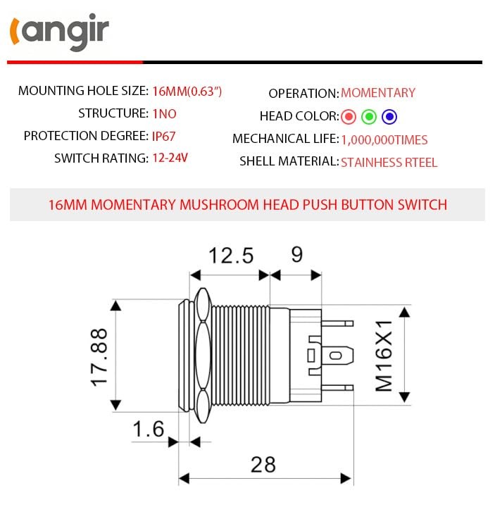 15Amp momentary Push Button Switch，(0.63") 12V-24V Push Button Switch 16mm Red