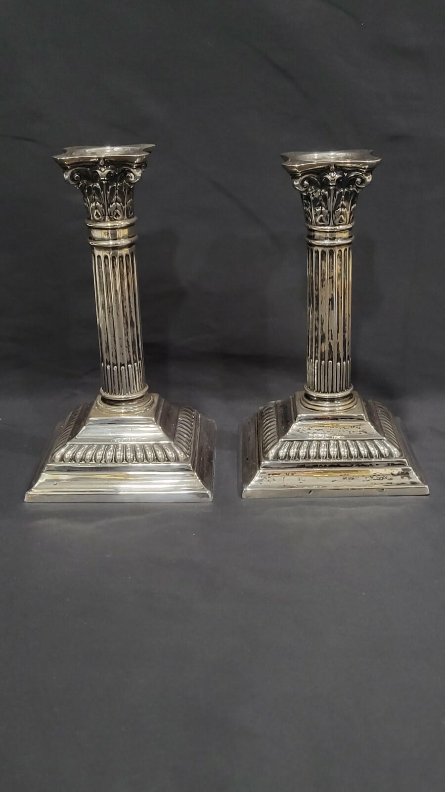 Two of Antique German Gebruder Deyhle 800 silver column candle sticks, 19th C.