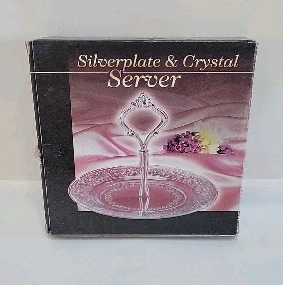 VTG Crystal Glass Appetizer Plate Silver Plated Handle Dessert Server 7" Tray