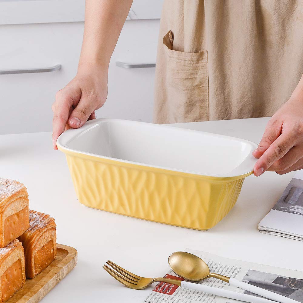 9 x 5 inch Yellow Ceramic Loaf Pan, Rectangular, Bread Baking, Texture Series