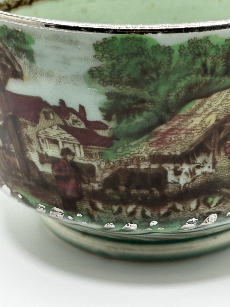 Rare Silver Overlay Pastoral Scene Poly Brown Transferware Cup