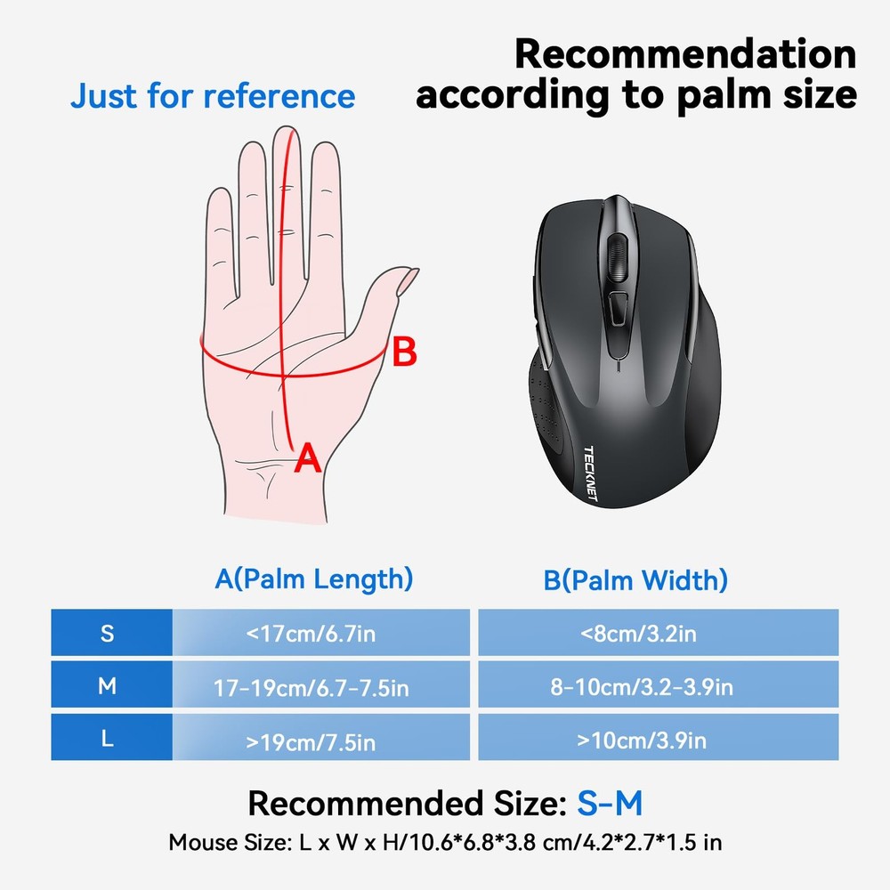 TECKNET Wireless Mouse, 2.4G Ergonomic Optical Computer Mouse for Grey