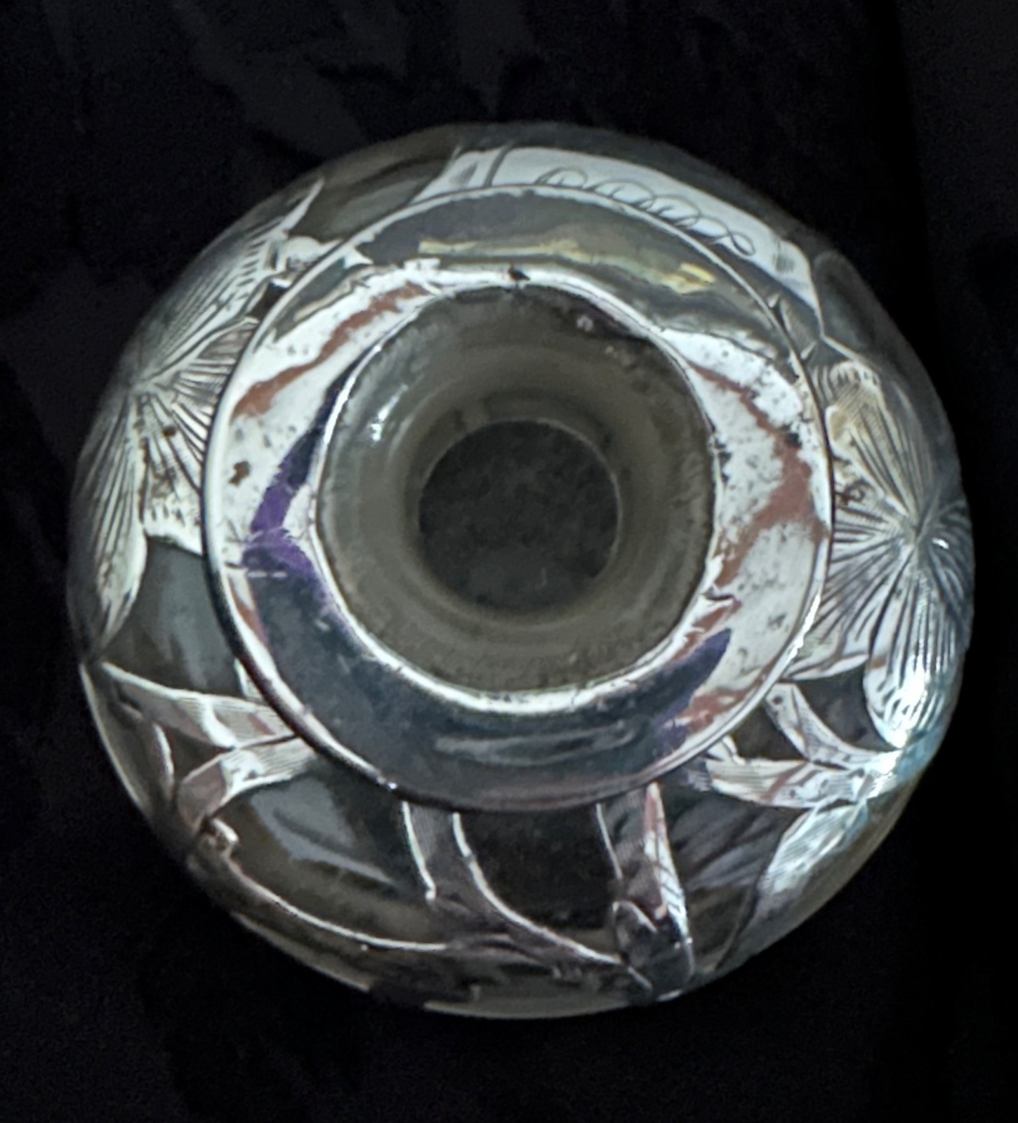 Antique Art Nouveau Sterling Silver Overlay Clear Glass Scent/Perfume Bottle