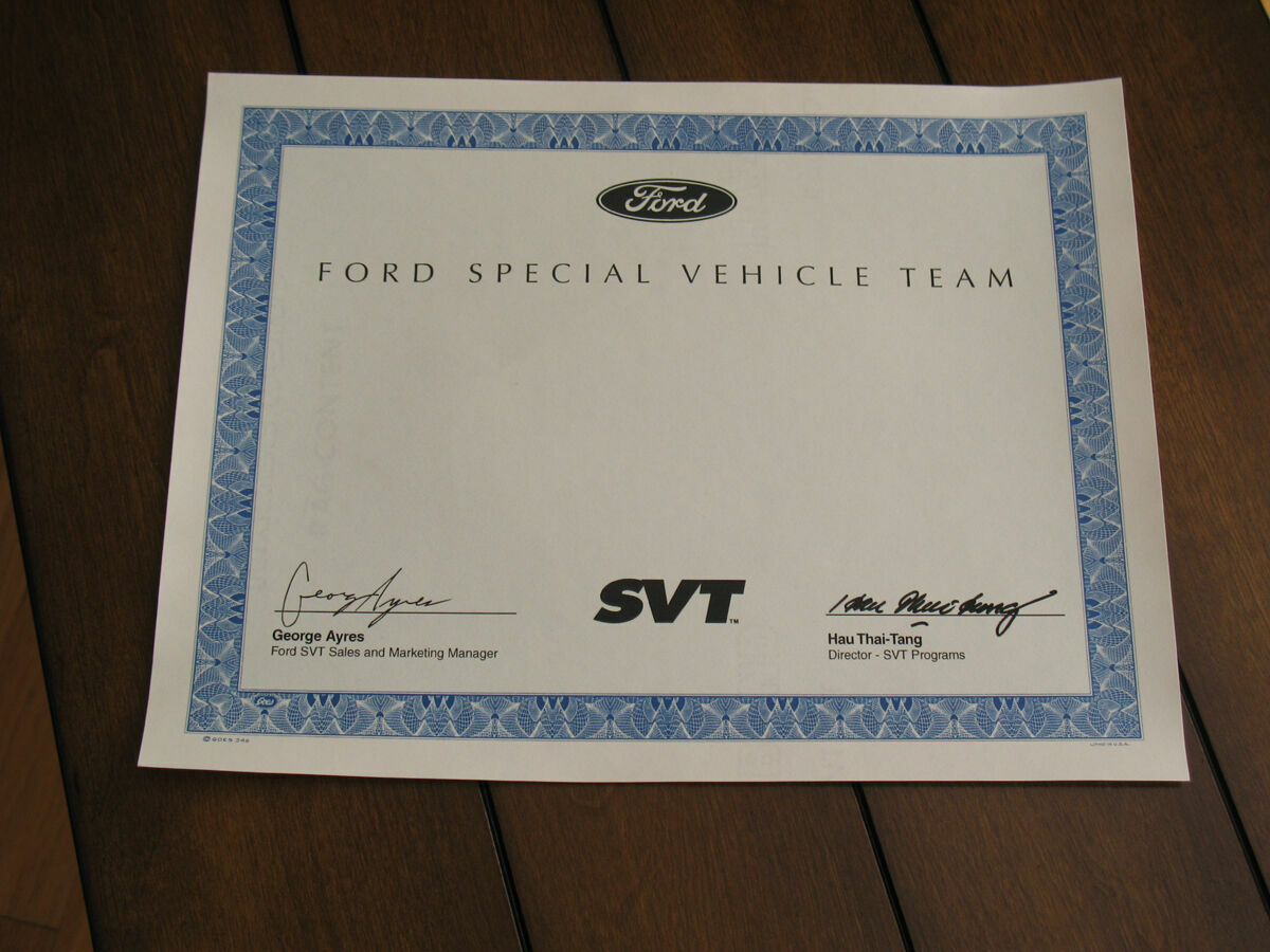 Ford SVT SVTOA Vehicle Owner Certificate 1993-1996 Unprinted Cobra Lightning R