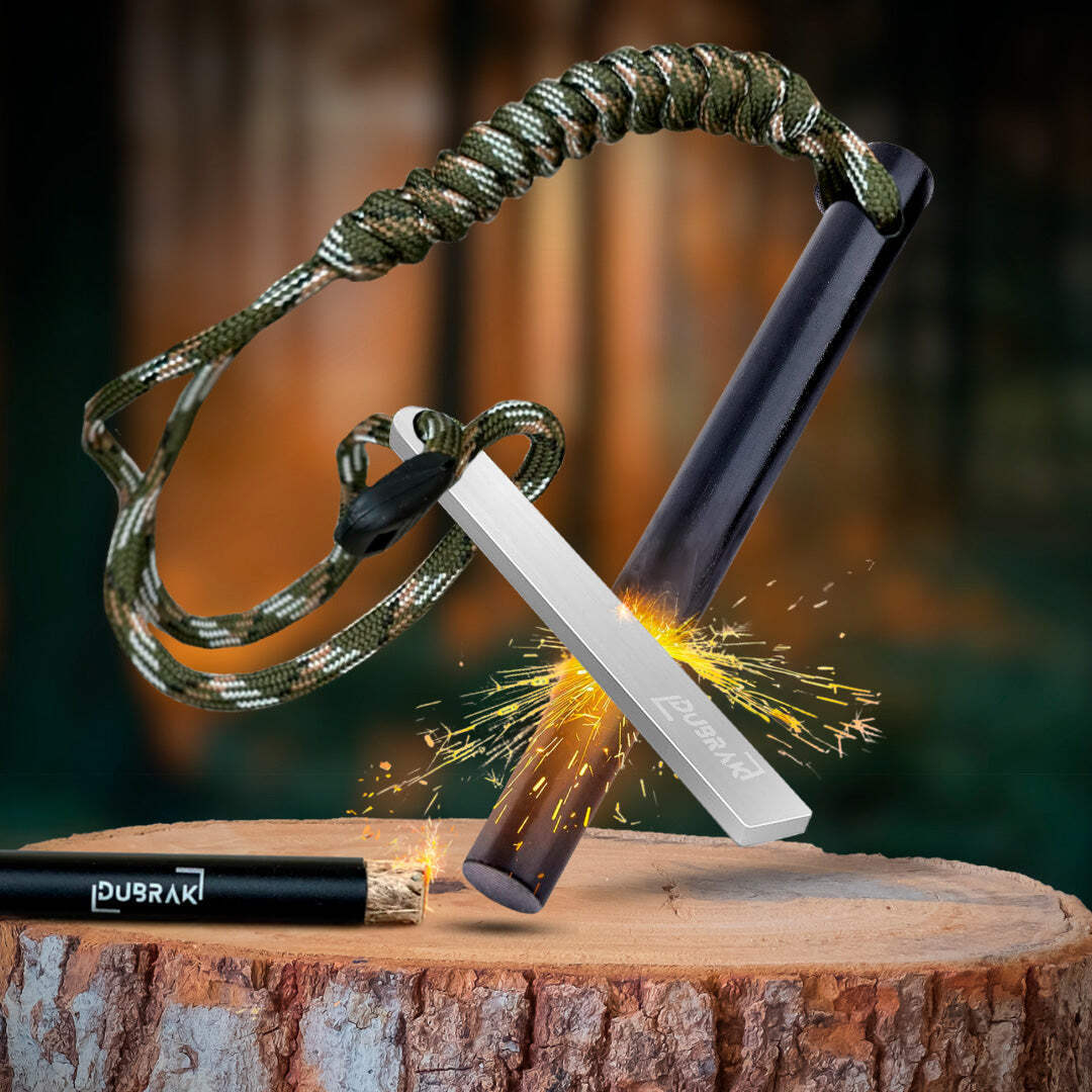 Dubrak 6 x 1/2 In Fire Starter Ferro Rod w/ Camo Paracord + Tinder Rope + Bellow