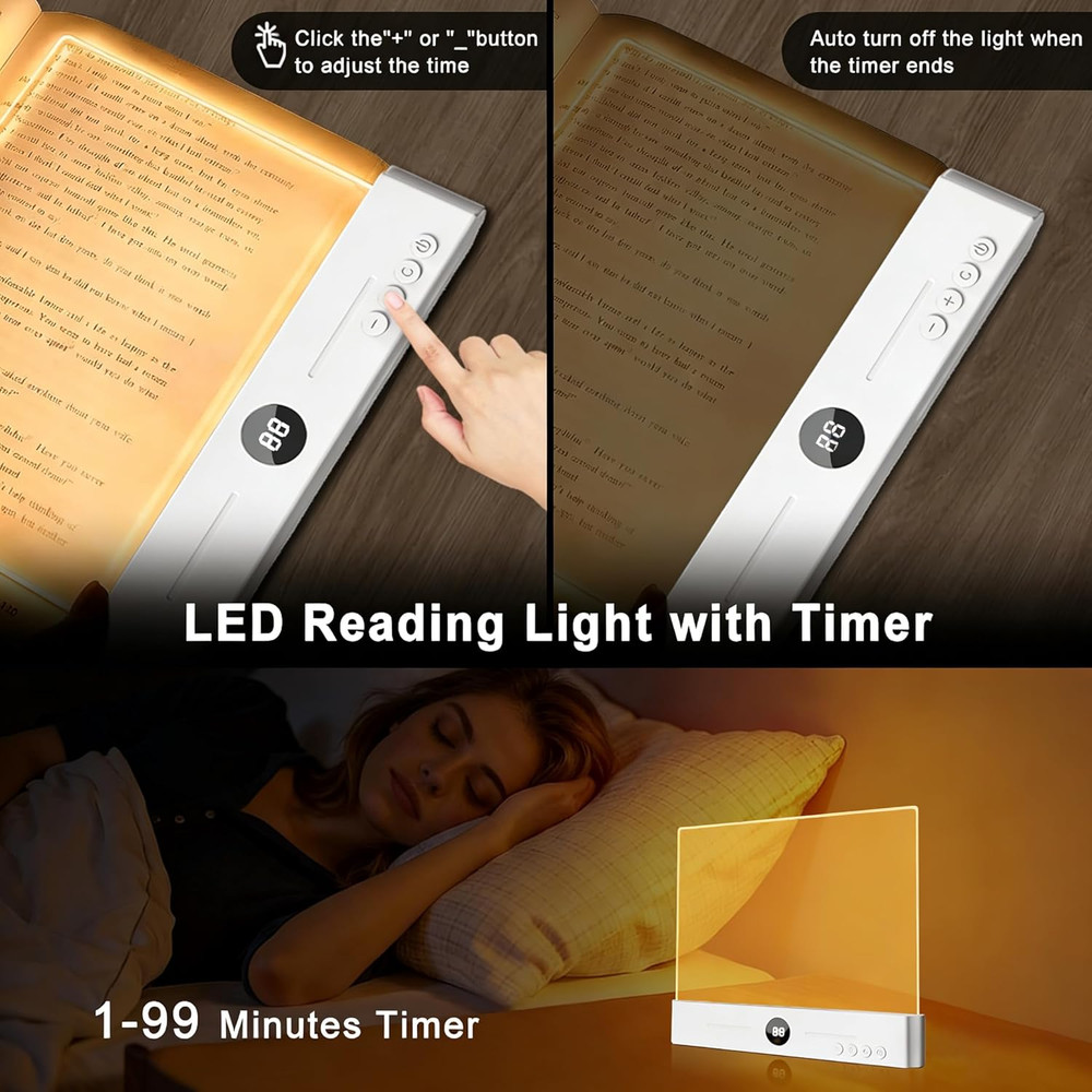 Rechargeable LED Book Light with Timer, 3 Colors, Dimmable, Eye Protection