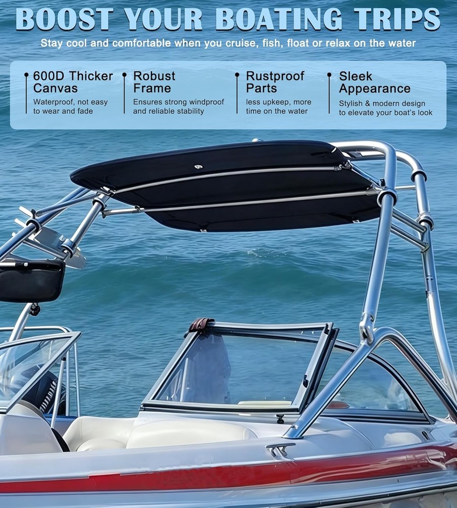 Universal Wakeboard Tower Mounted Flat Cargo Bimini Top Cover 600D Canvas Frame