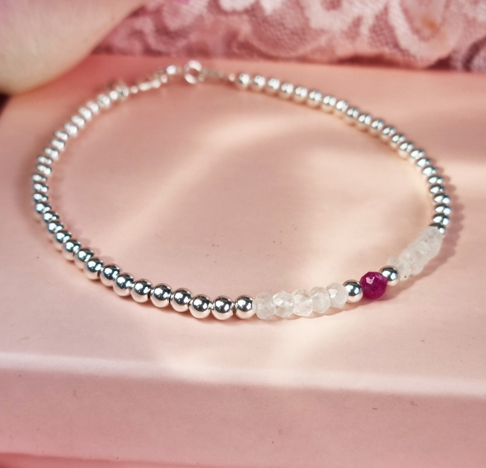 925 Sterling Silver MOONSTONE and RUBY  Bracelet Birthstone