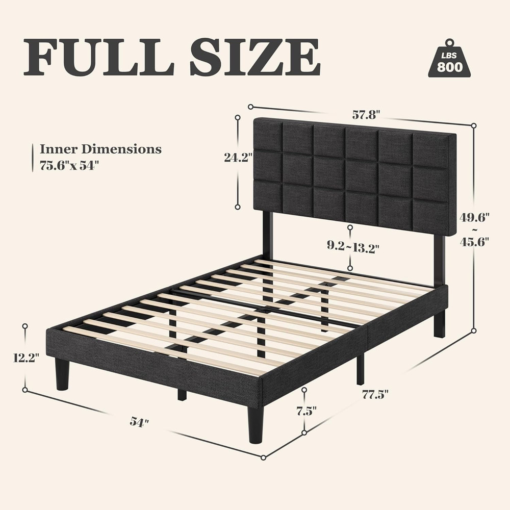 Full Platform Bed Frame with Linen Upholstered Adjustable Tall Headboard, No Box