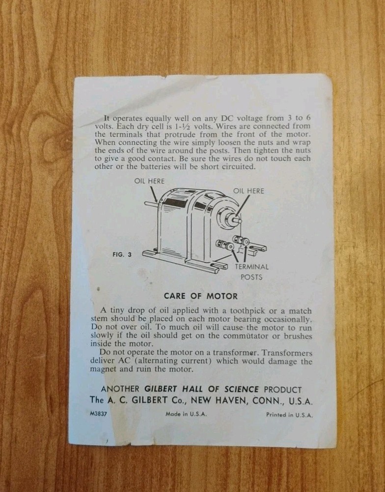 Gilbert Gabriel Erector Set M-3837 DC3 Motor Instruction Sheet