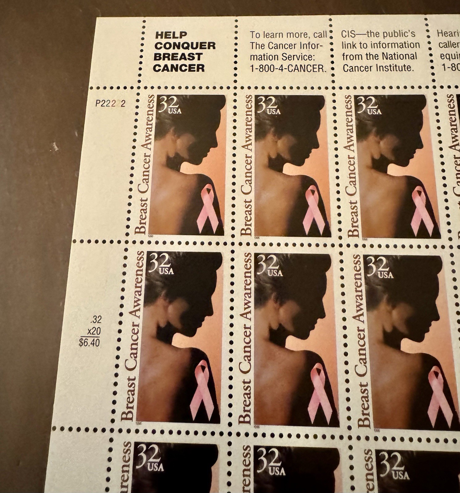 US Postage STAMPS 1996 Help Conquer Breast Cancer 32c 20 stamps MNH