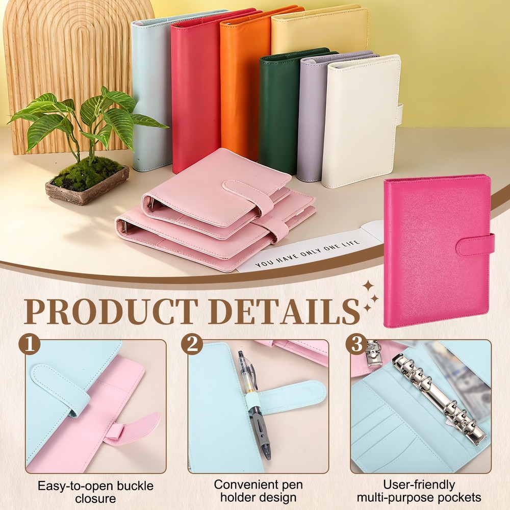 A5 PU Leather Binder Protector, 6 Ring Loose Leaf Notebook Shell, Rose Red