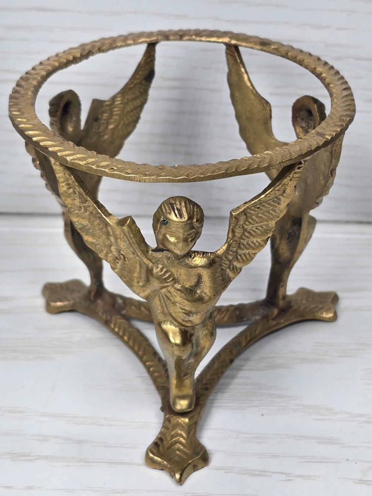 VTG Brass Cherub Angel Plant Stand Vase Holder Figural Putti Art Deco Table Base