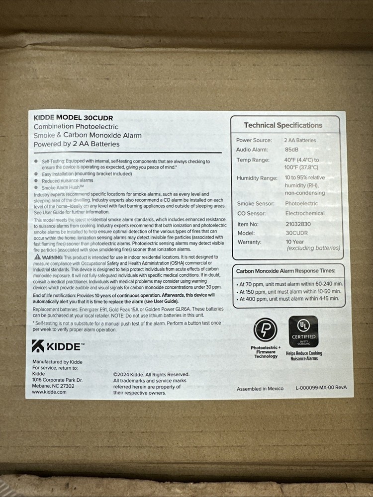 Kidde, 30CUDR, Smoke & Carbon Monoxide Detector LED Warning Light Indicator