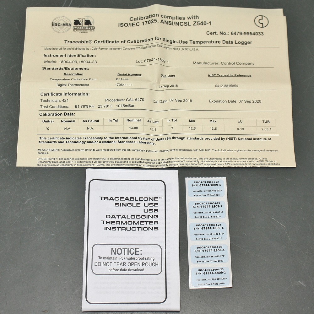 Traceable USB Temp Data Logger 6479, Single Use Thermometer, 14° C, 12° C