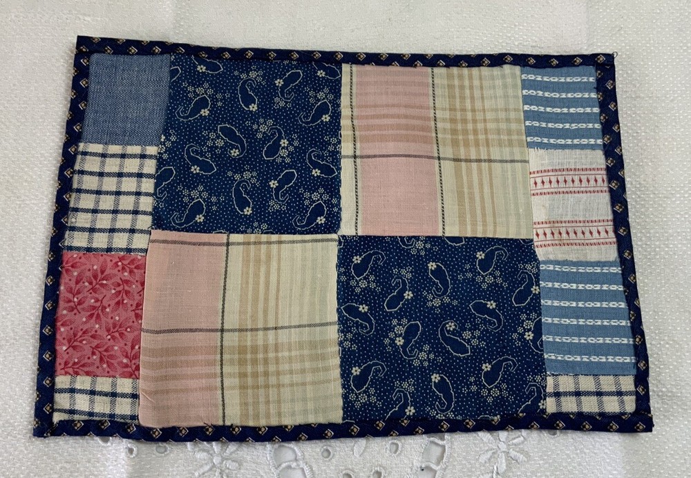Vintage Patchwork Quilt Table Topper Or Doll Quilt, 4 Patch, Blue