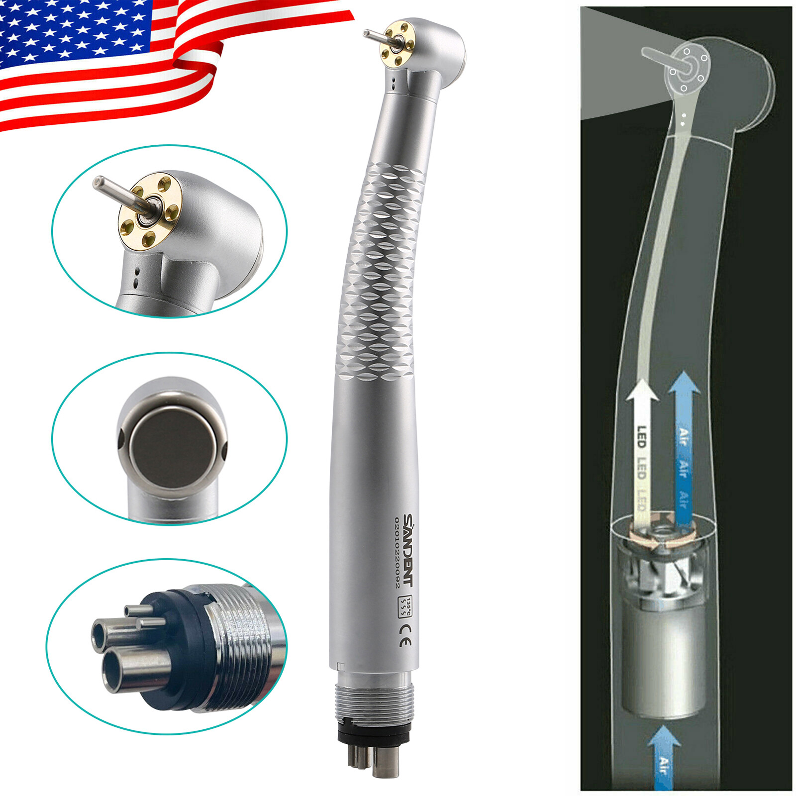 Dental 5Lights LED E-Generator High Speed Fiber Optic Handpiece 4Hole Shadowless