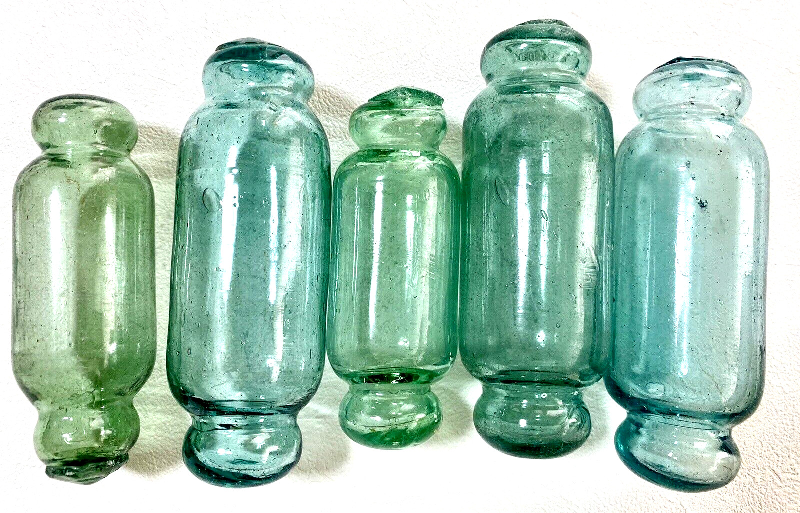 Set of 5 Japanese Glass Floats Antique Blue and Green Rolling Pin Fishing Decor