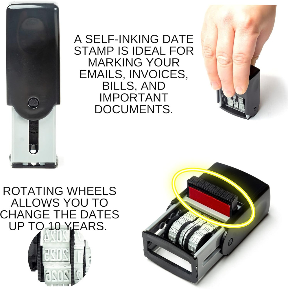 Self Inking Rubber Date Stamp, Refillable and Changeable Ink Pad, Great for Mark