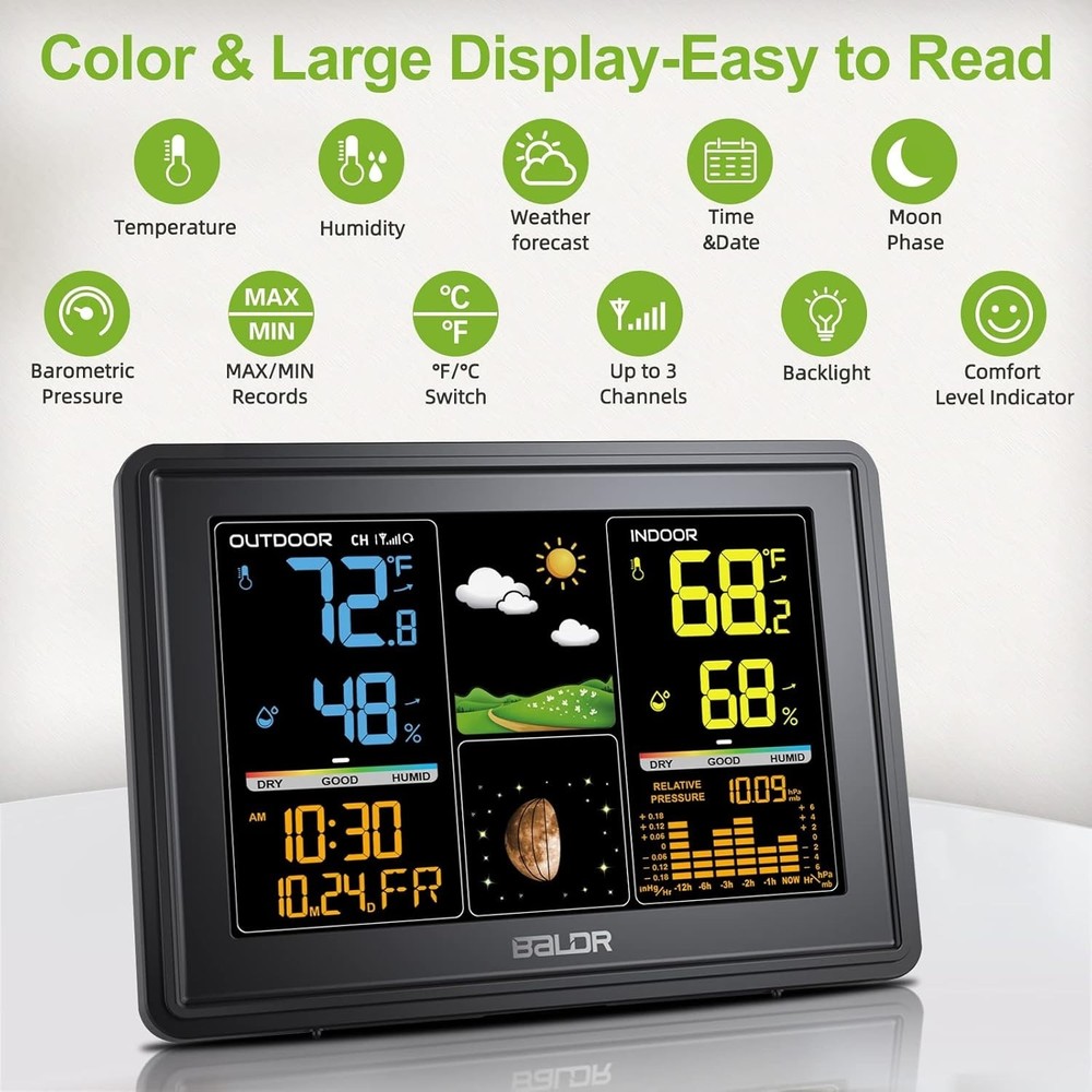 Comprehensive Weather Station with Large LCD & Dynamic Barometric Pressure Graph