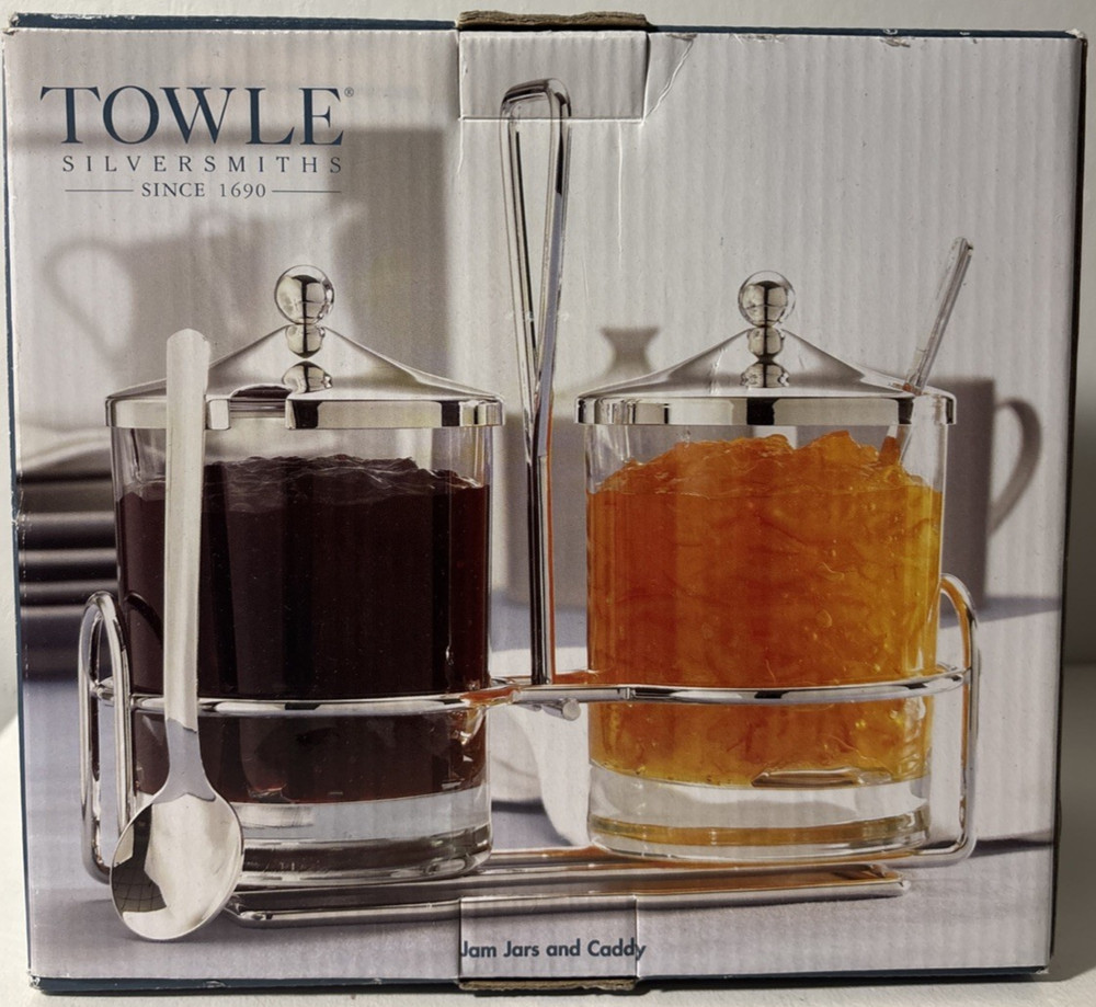 Towle Silversmiths Jam And Jelly Caddy New In Box 2 Jars Silver plated Lids spoo