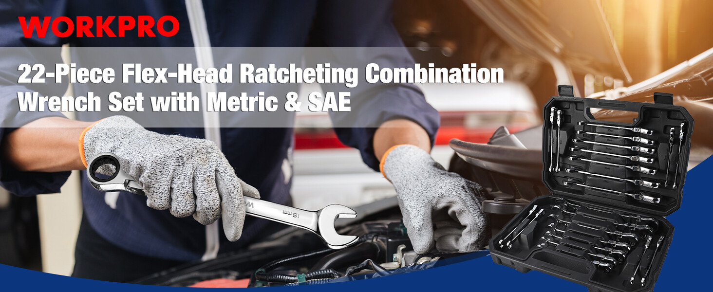 22-Pieces Ratcheting Flex-Head Combination Wrench Set Metric 6-18mm&SAE 1/4-3/4"